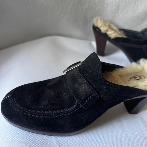 Ugg Size 7 Women’s Black Suede Shearling Heeled Clogs - Picture 6 of 16